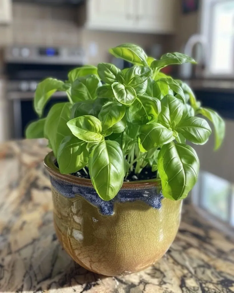 Growing basil in a pot in the kitchen