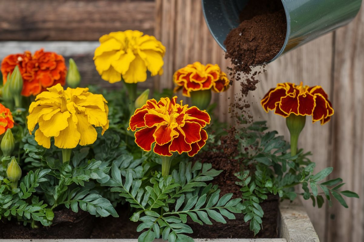 adding coffee grounds to the soil of Marigolds