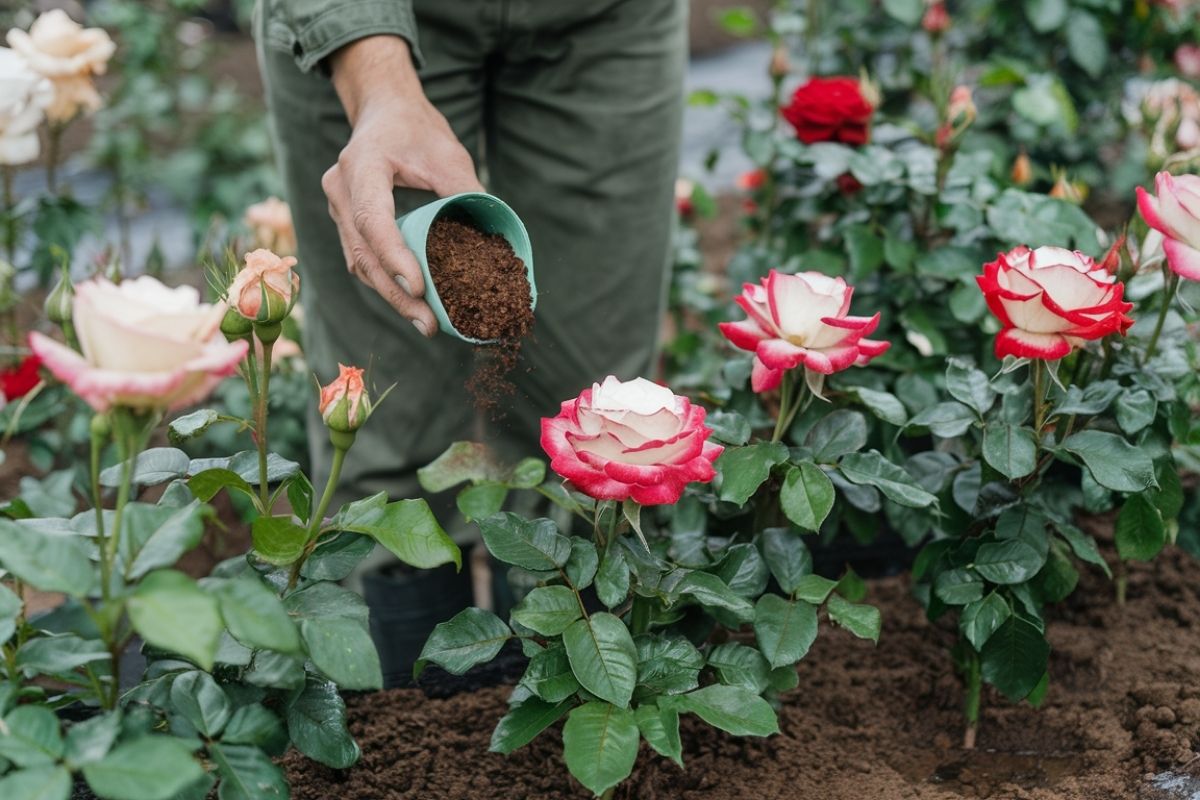 adding coffee grounds to the soil of Roses