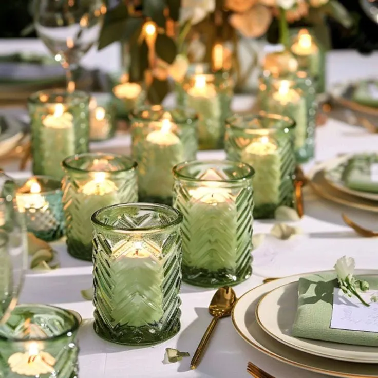 12 PCS Green Votive Candle Holders - Elegant Centerpiece for Sage Green  Wedding Decor, Reception,...