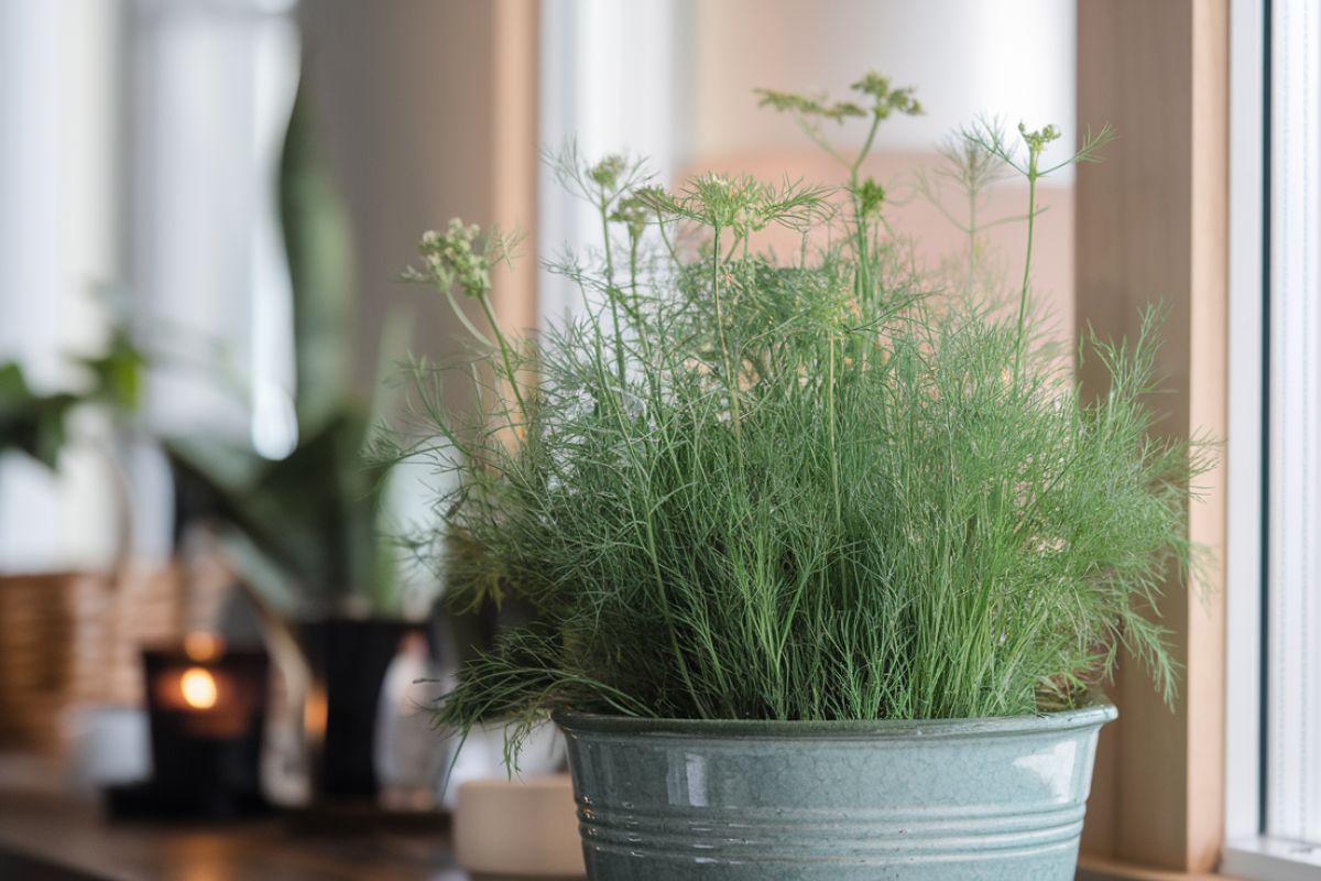 Dill herb in a pot in the house