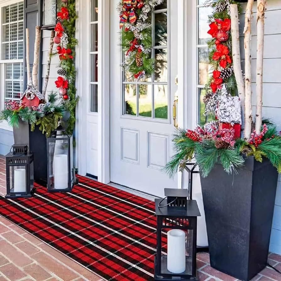 Christmas Outdoor Rug Doormat 2' x 4.3', Black/Red Buffalo Plaid Outdoor  Rug Christmas Decor, Cotton Hand-Woven Welcome Layered Door Mats for Front  Porch, Entryway, Kitchen, Farmhouse