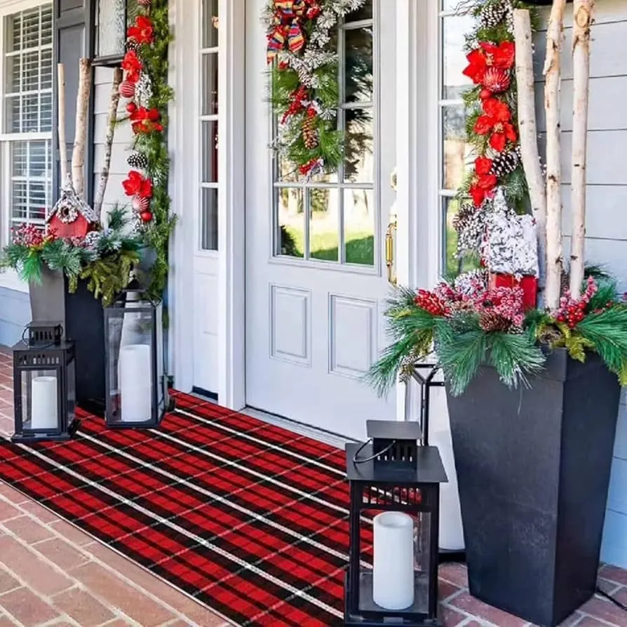 Christmas Outdoor Rug Doormat 2' x 4.3', Black/Red Buffalo Plaid Outdoor  Rug Christmas Decor, Cotton Hand-Woven Welcome Layered Door Mats for Front  Porch, Entryway, Kitchen, Farmhouse