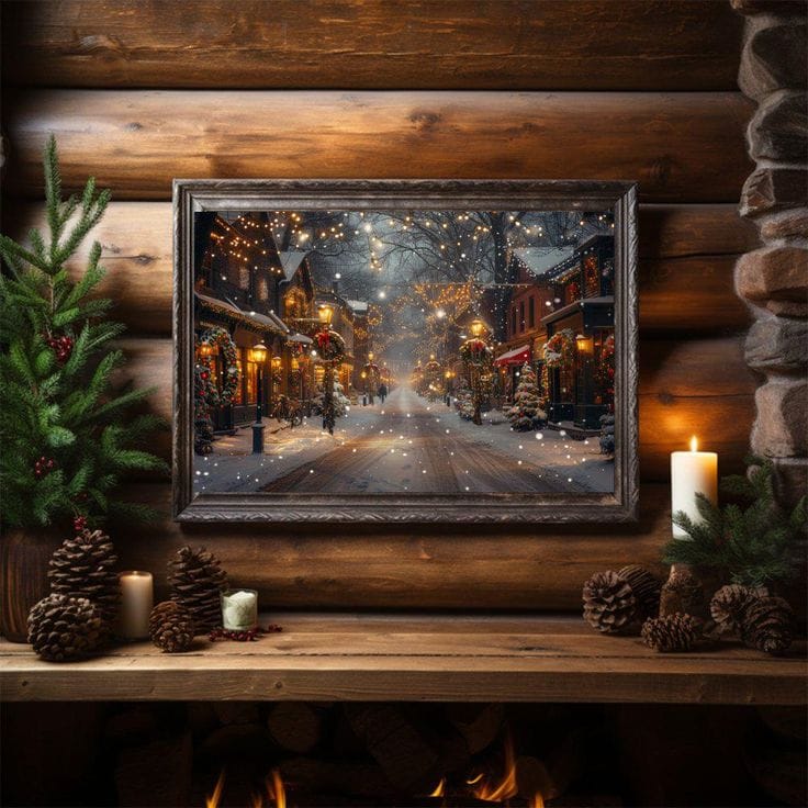 Christmas Winter Wonderland Wall Art, Santa Holding Festive Picture,  Vintage Holiday Decor, Cozy Seasonal Artwork for Home