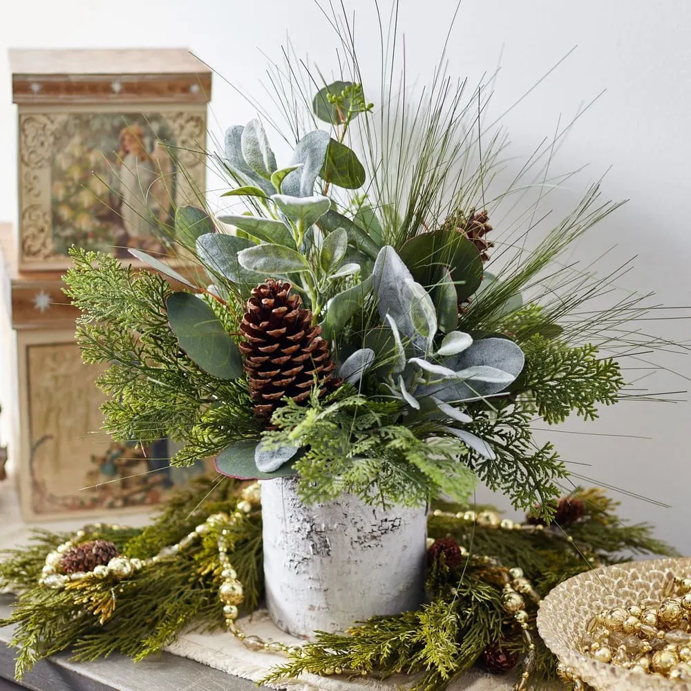 Mixed Winter Greenery & Pinecone Rustic Arrangement in White Birch Cylinder