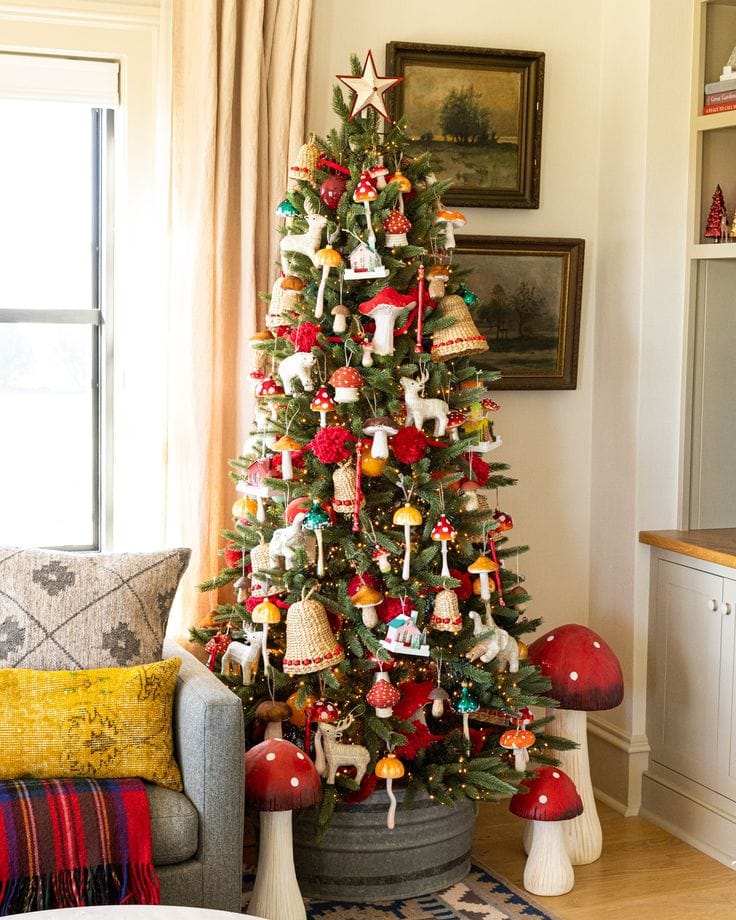 My Whimsy-Inspired Family Room Christmas Tree! | My family room Christmas  tree this year is all about whimsy with mushrooms of all shapes and sizes,  newsprint woodland animals, and of course a