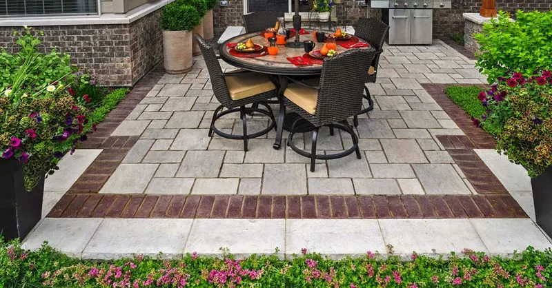 Brick Patio with Inlaid Pebbles